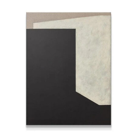 Full view of Raw No. 4, an abstract geometric painting in black, white, and taupe.