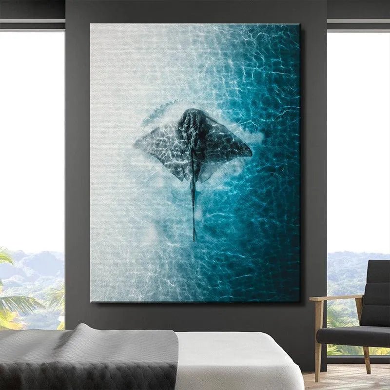 Full view of the majestic ocean creature captured in the artwork 'Ray Of The Day' suitable for living room display.