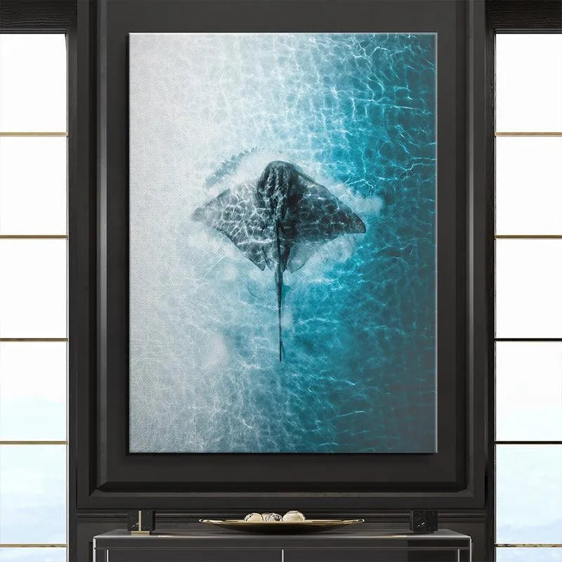 Close-up detail of the stingray's long tail and the refracting light effects in the 'Ray Of The Day' canvas.