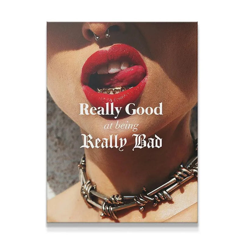 Extreme close-up of red lips and gold grills emphasizing the text "Really Good At Being Really Bad."