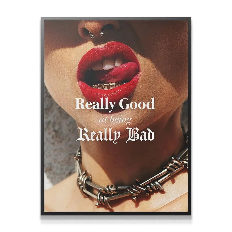 High-resolution texture shot of the glossy print detailing the text "Really Good At Being Really Bad."