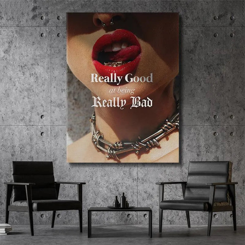 Edgy wall art "Really Good At Being Really Bad" displayed in a minimalist punk living room setting.