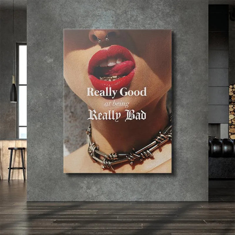 High-contrast depiction of the barbed wire choker underneath the text "Really Good At Being Really Bad."