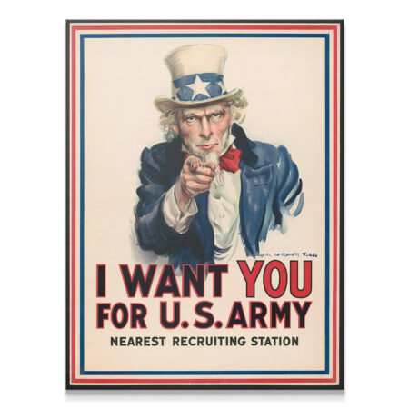 Full frame view of the iconic Uncle Sam 'I Want You' Recruiting Poster in a black frame.