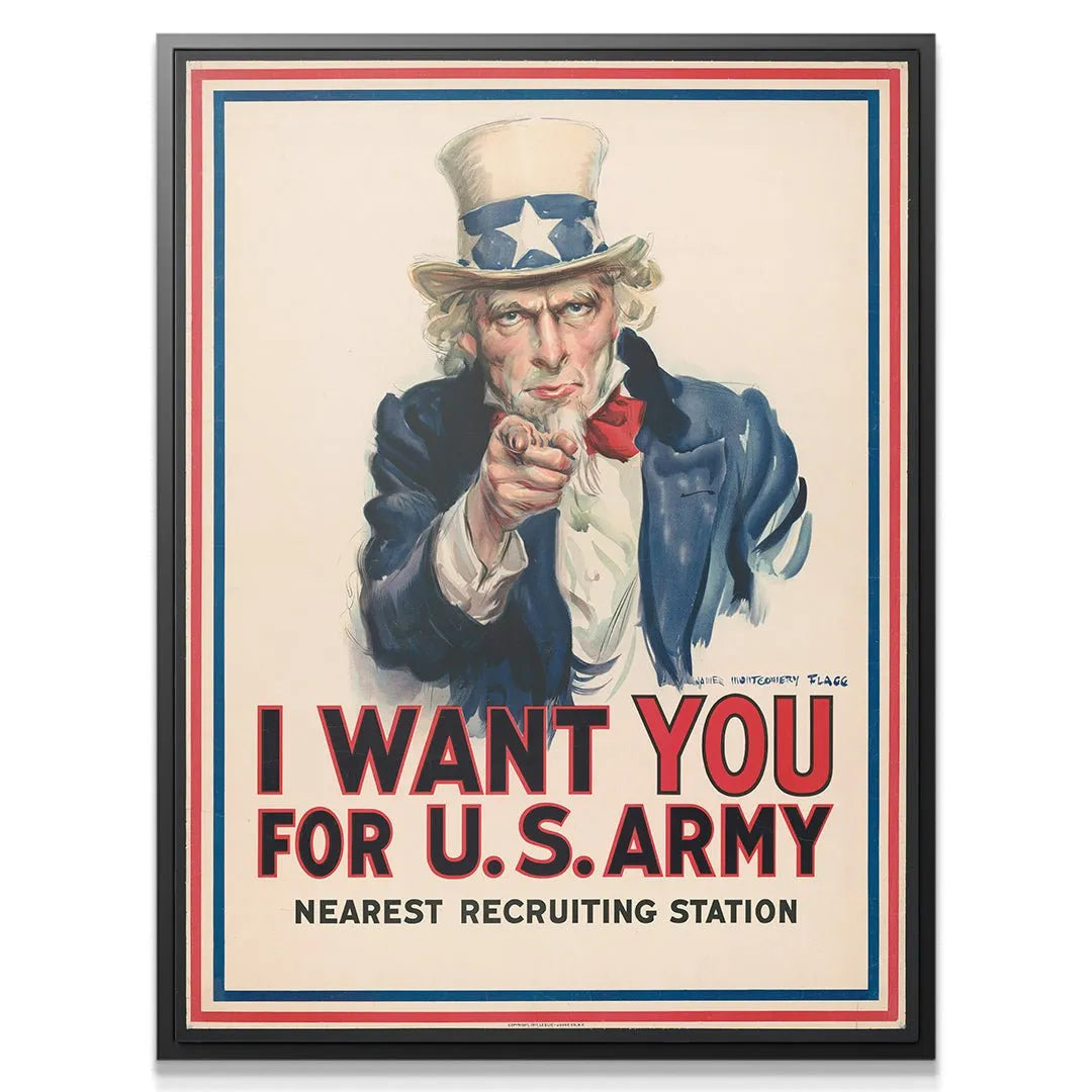 Close-up on Uncle Sam's intense face and pointing finger detail on the U.S. Army Recruiting Poster.