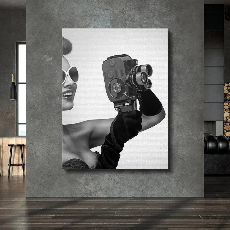 Side profile of the woman's smiling face and bold white sunglasses featured in Red Carpet Premier wall art.