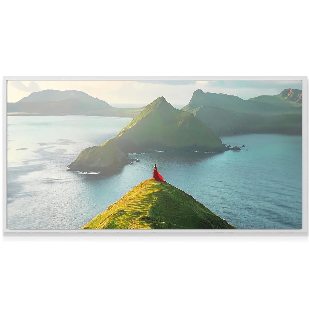 Full view of the figure wearing the Red Dress on the rugged coastal cliff edge during sunset.