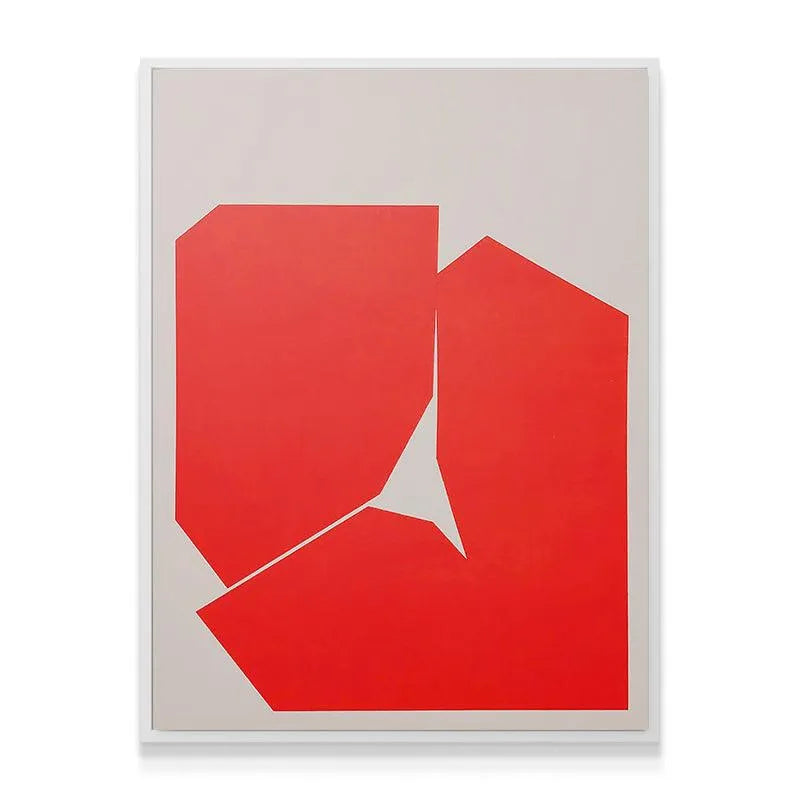 Lifestyle image of the abstract Red Shapes painting hung in a minimalist living room setting.