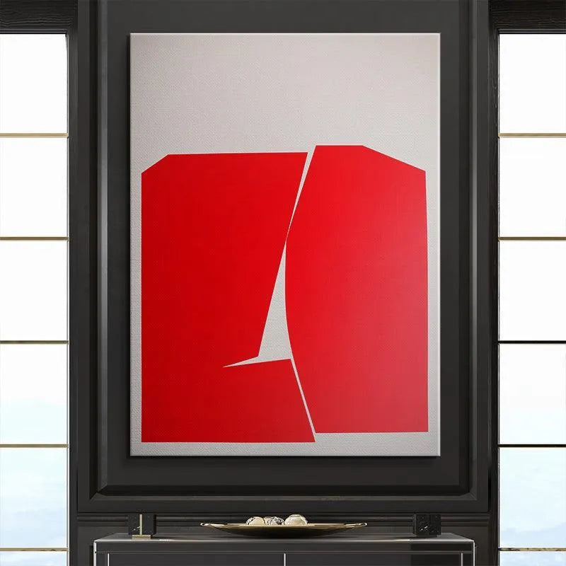 Angled perspective of the modern artwork emphasizing the depth created by the interlocking Red Shapes.