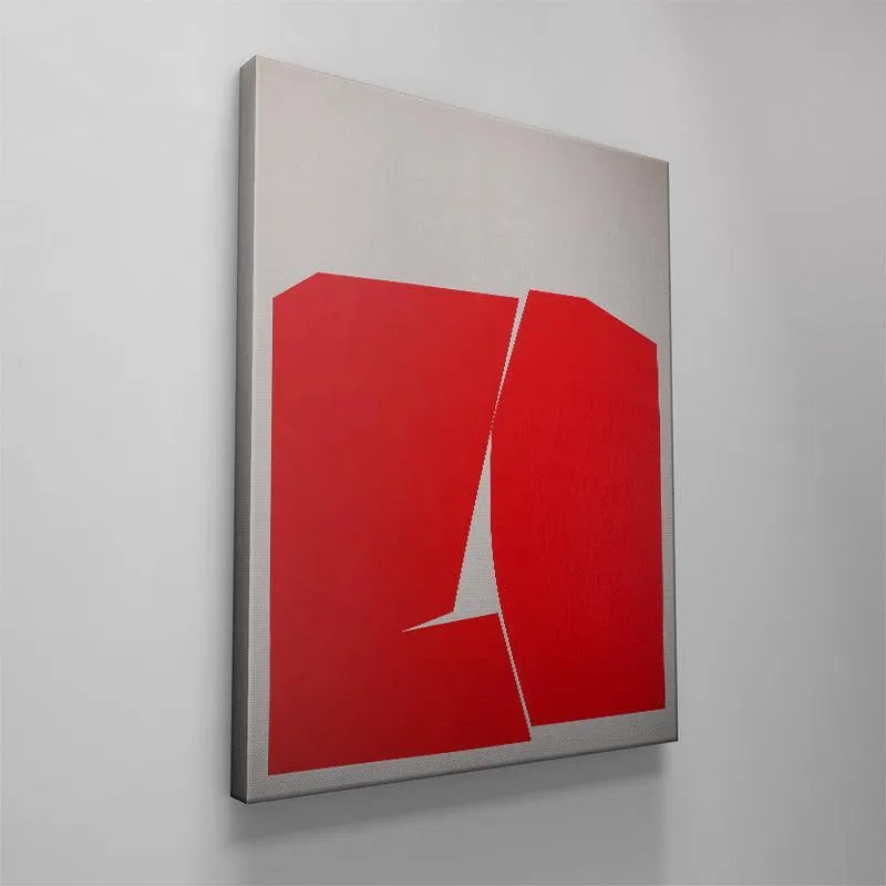 Vertical orientation of the wall art showcasing the powerful contrast of Red Shapes against the gray background.