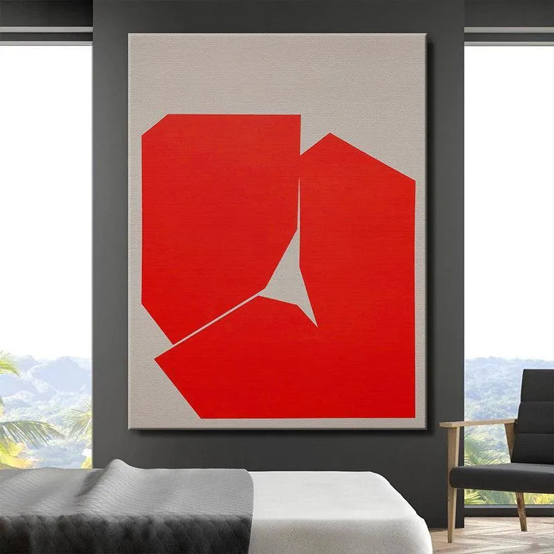 Vertical composition of high-contrast crimson and beige in 'Red Shapes N.2'.