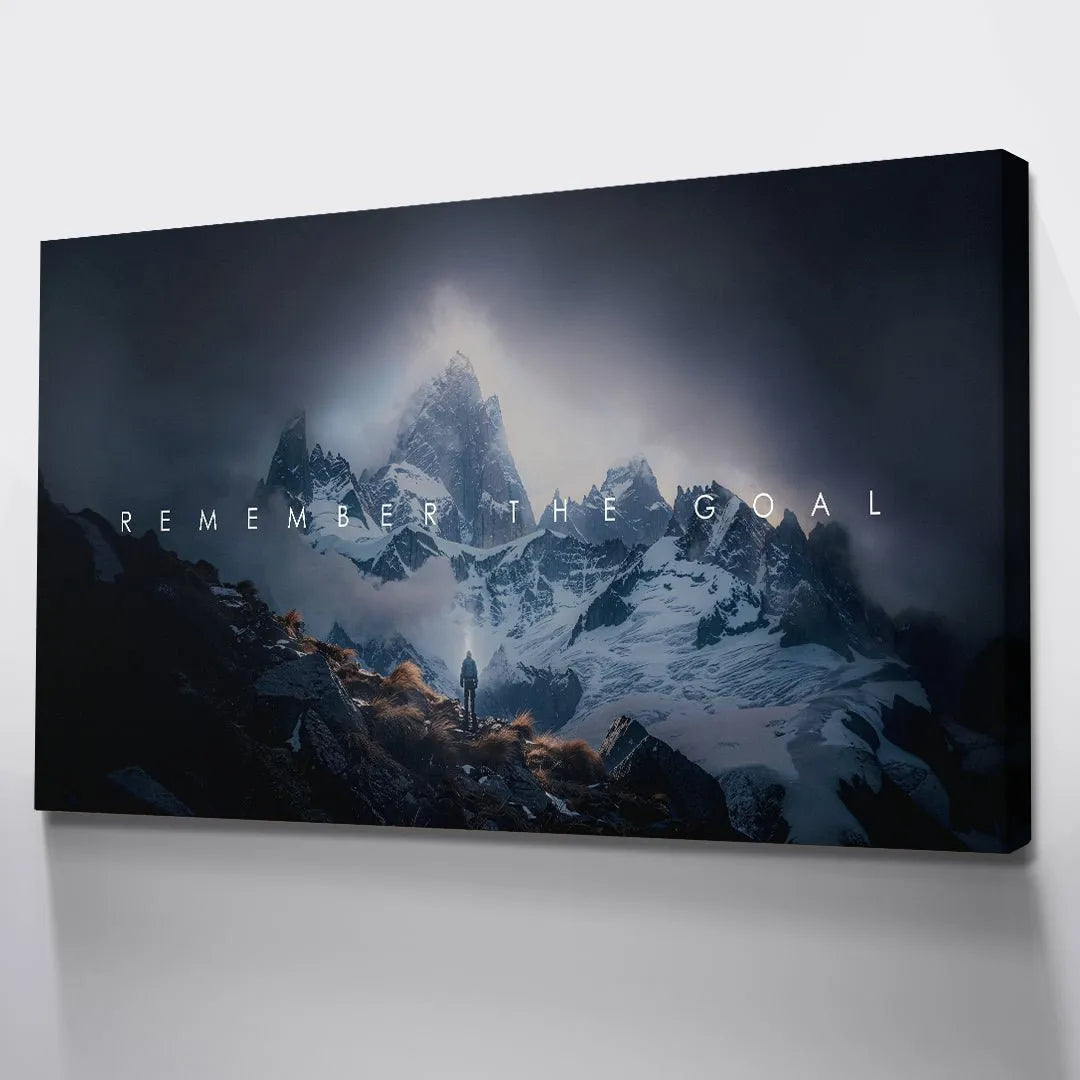 Canvas print professionally hung above a modern desk setup to inspire constant progress: Remember The Goal.