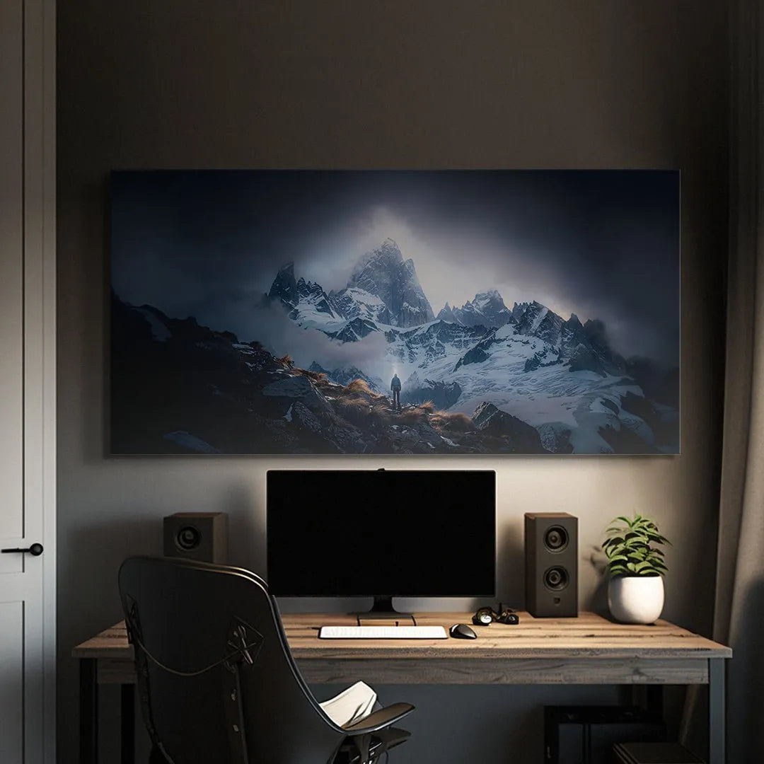 Extreme contrast art print texture highlighting the misty lighting surrounding the main snow-capped peak: Remember The Goal (No Quote).