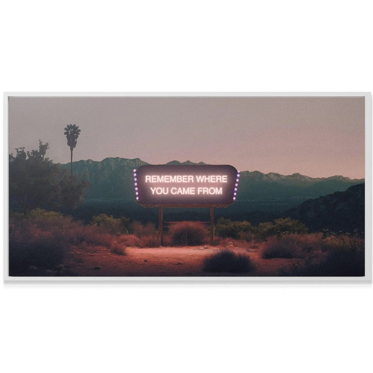 Lifestyle shot of the 'Remember Where You Came From' canvas hanging above a minimalist sofa in a moody room.