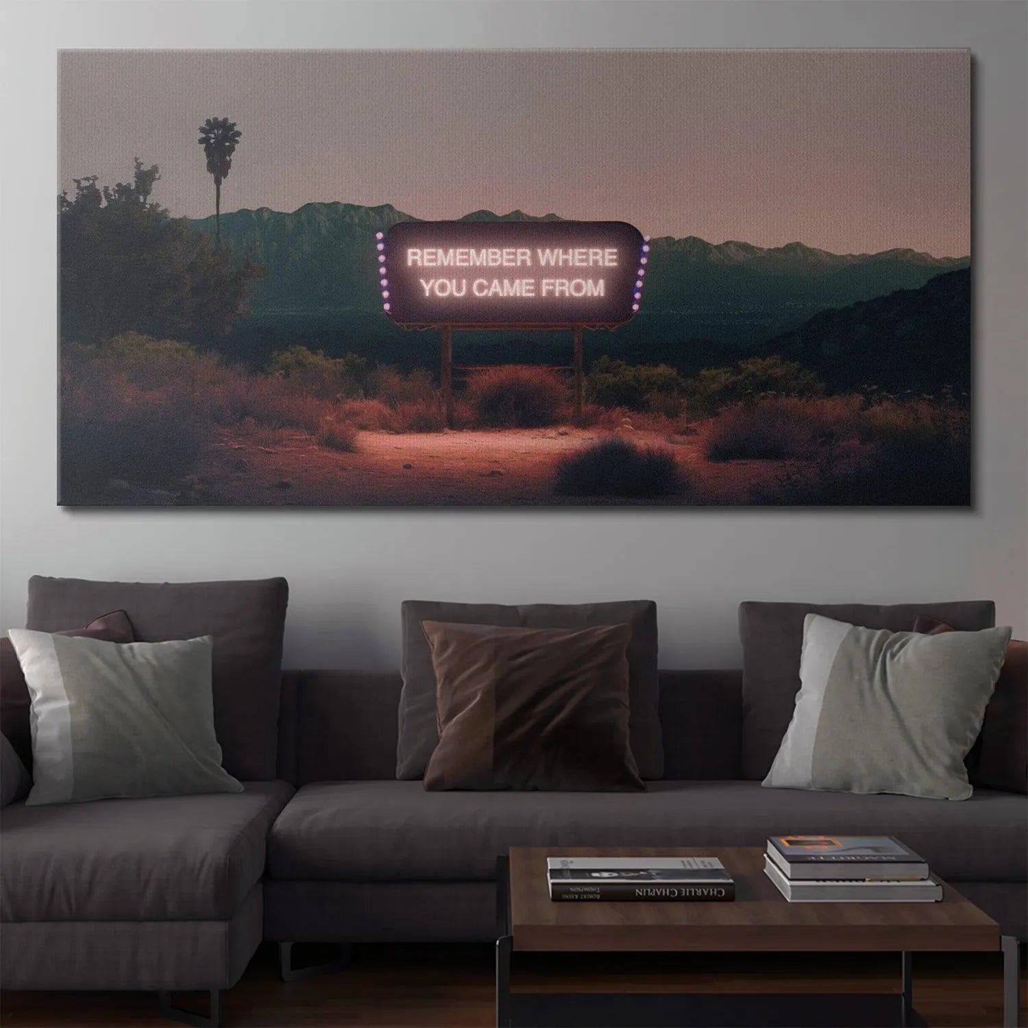 Detail of the lonely palm tree silhouette and the distant horizon near the 'Remember Where You Came From' art print.