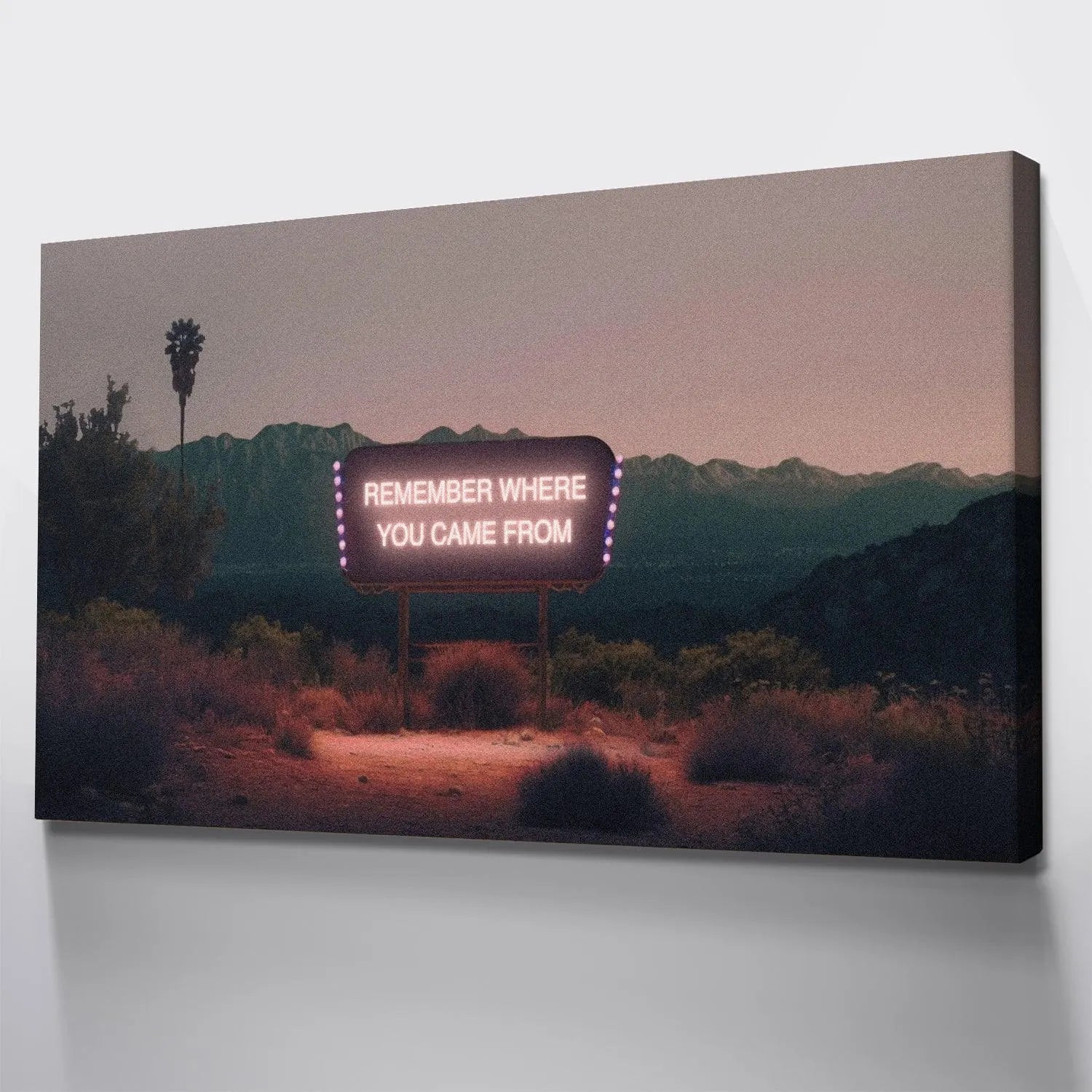 The dramatic, high-contrast lighting of the 'Remember Where You Came From' motivational art piece.