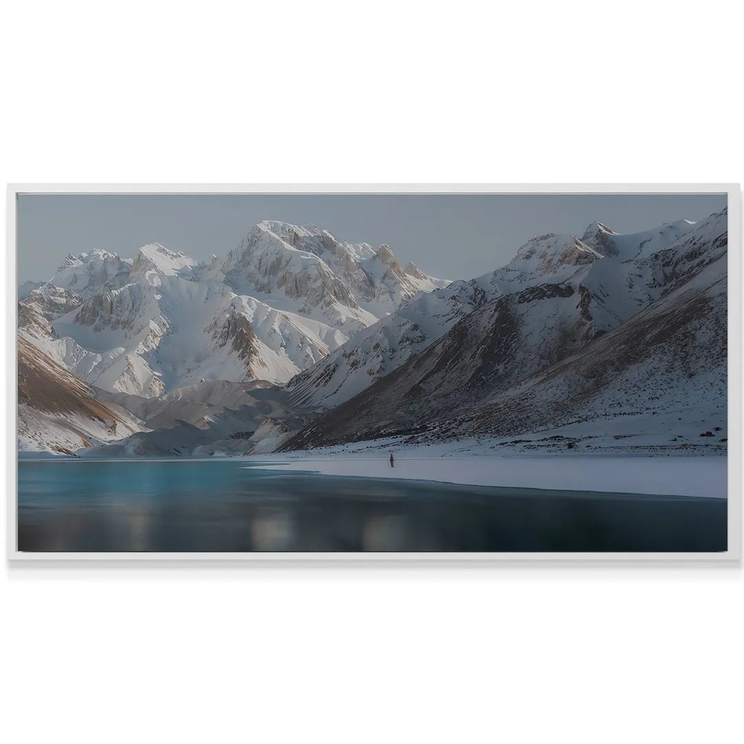 Lifestyle detail of the lone figure standing near the shore of the icy lake, reflecting the theme Remember Why You Started (No Quote)