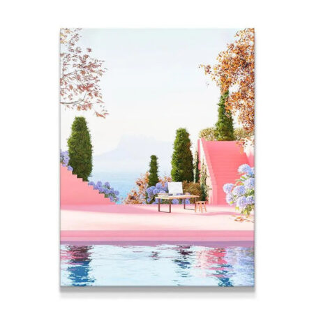 Full vertical view of the surreal Mediterranean terrace idealizing Remote Working.