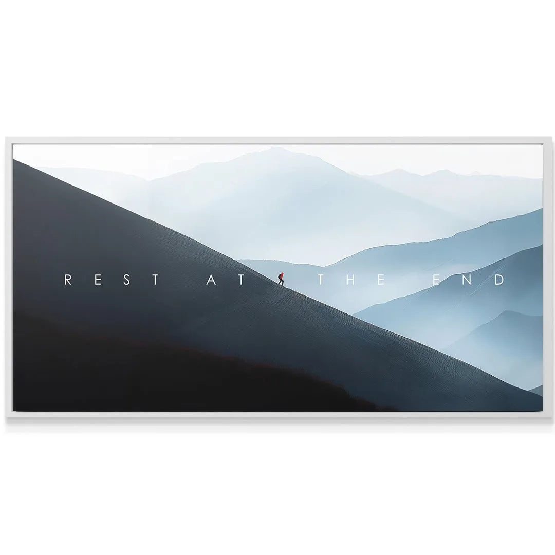 Close-up view of the small figure climbing the ridge in the 'Rest At The End' print.