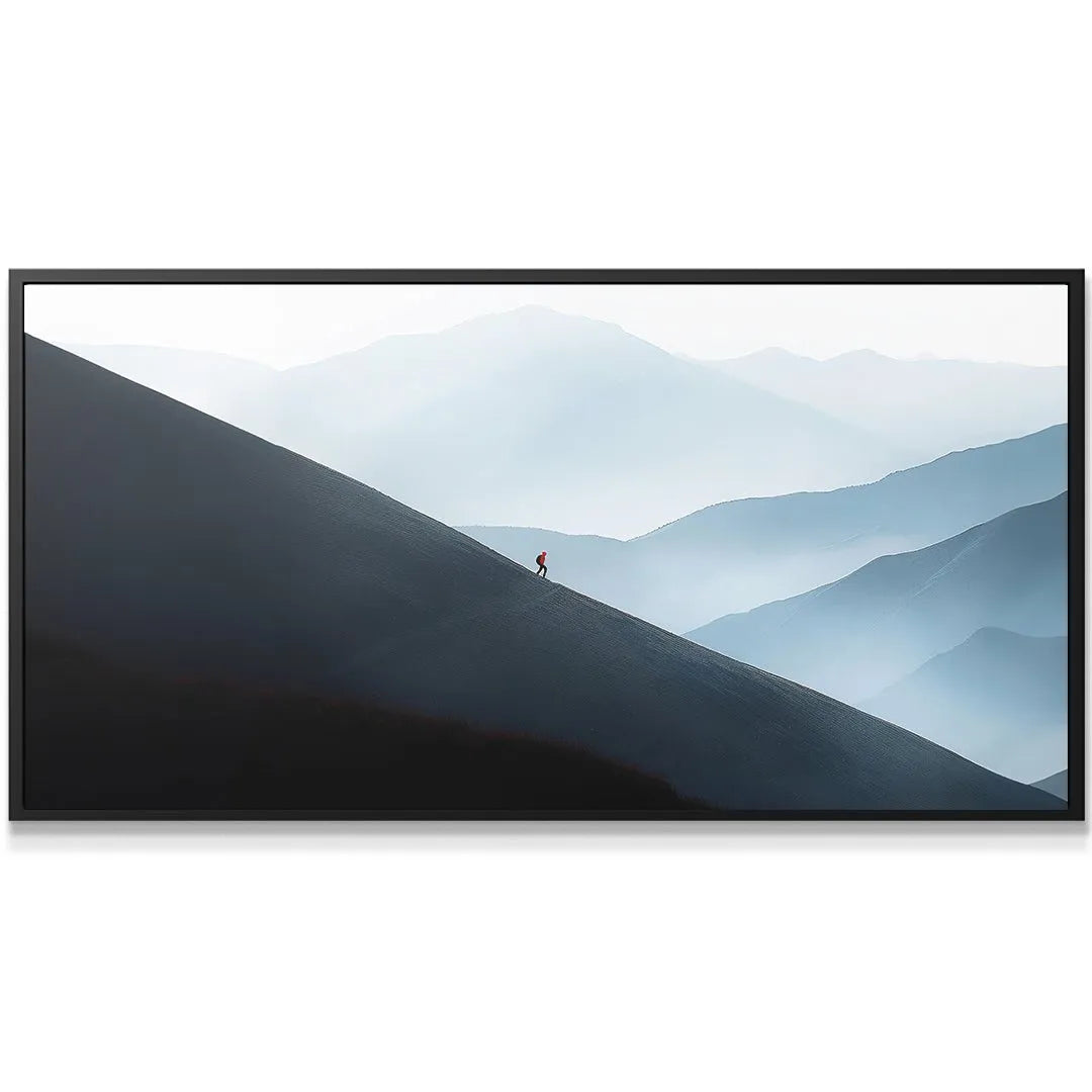 Lifestyle angle of the atmospheric, motivational print titled 'Rest At The End' hanging above a modern desk.