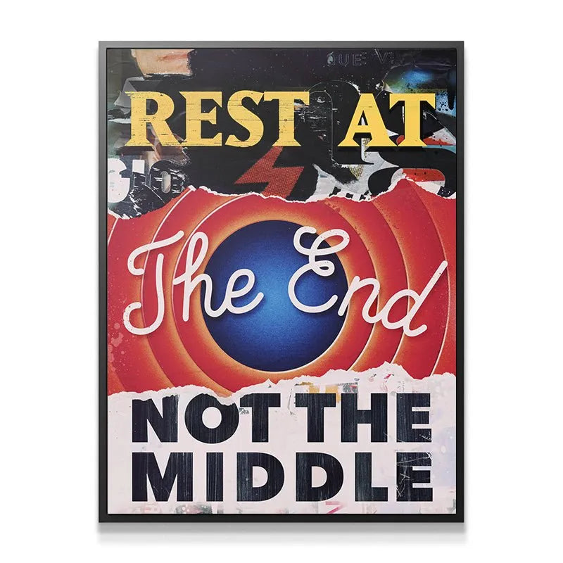 Close-up detail of the ripped paper texture on the yellow lettering of Rest At The End (Cartoon).