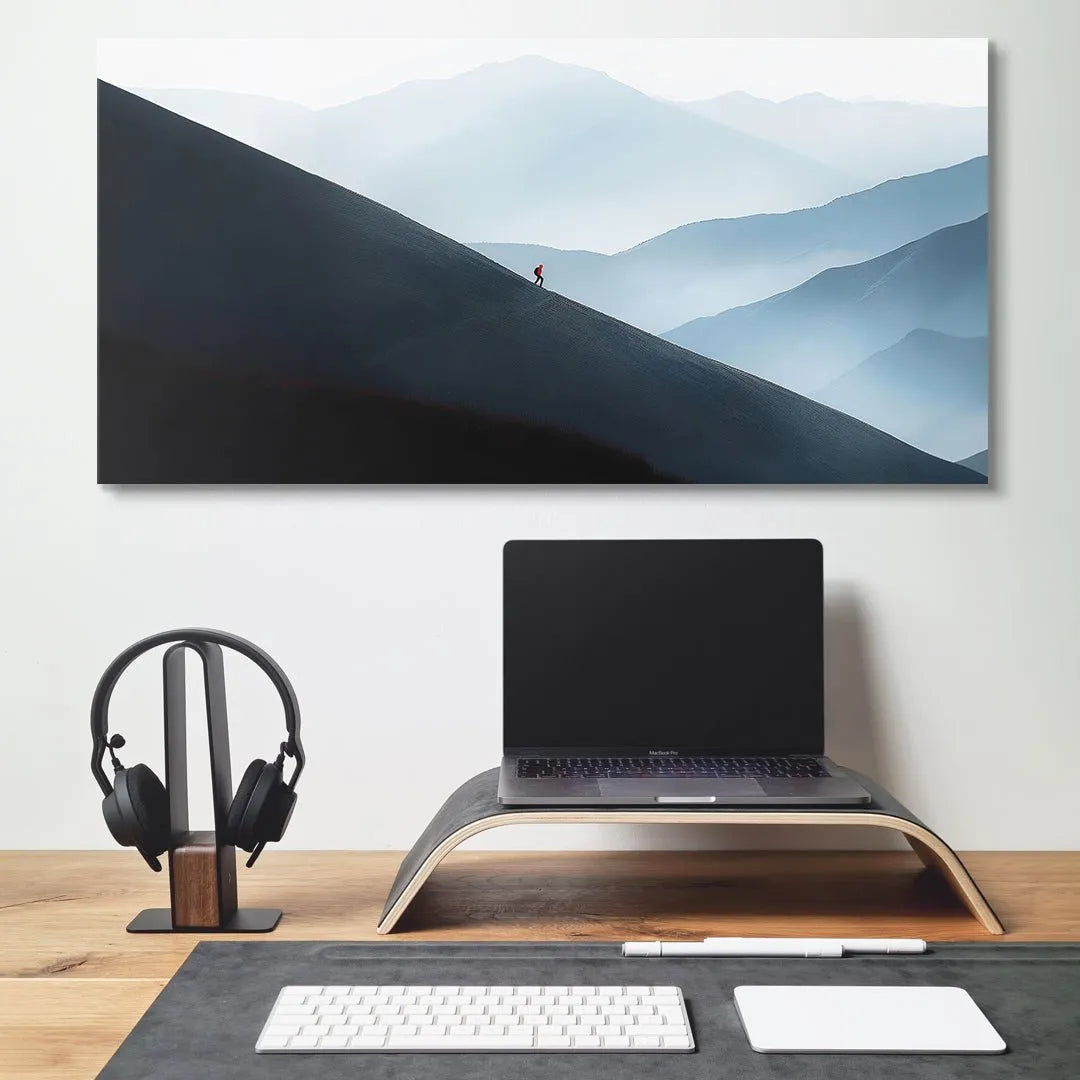 Panoramic angle of the layered, fading blue background peaks from 'Rest At The End (No Quote)'.