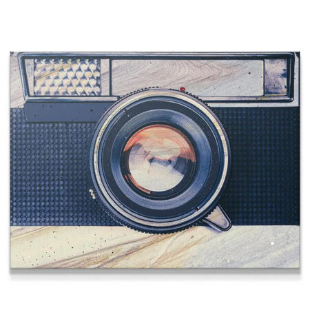 Detailed close-up view focusing on the large lens of the Retro Camera art print.