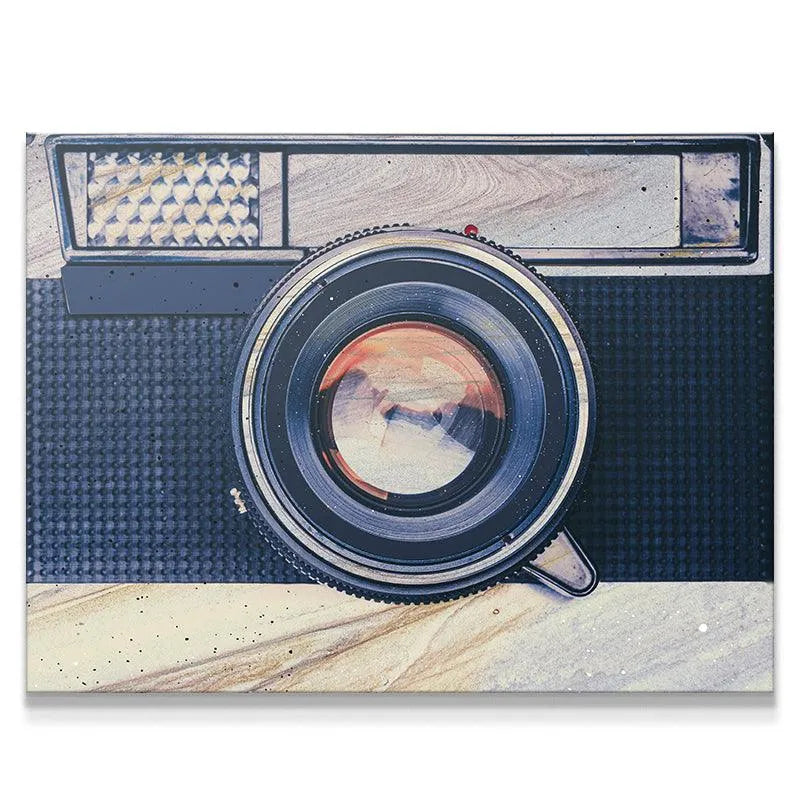 Detailed close-up view focusing on the large lens of the Retro Camera art print.