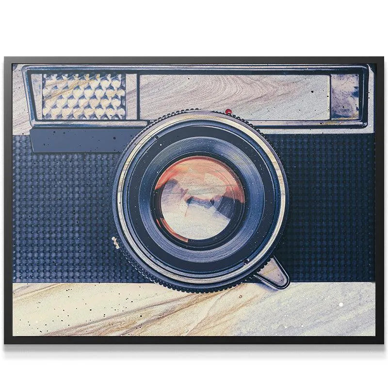 Textured wood grain and dark synthetic material highlights on the printed Retro Camera body.