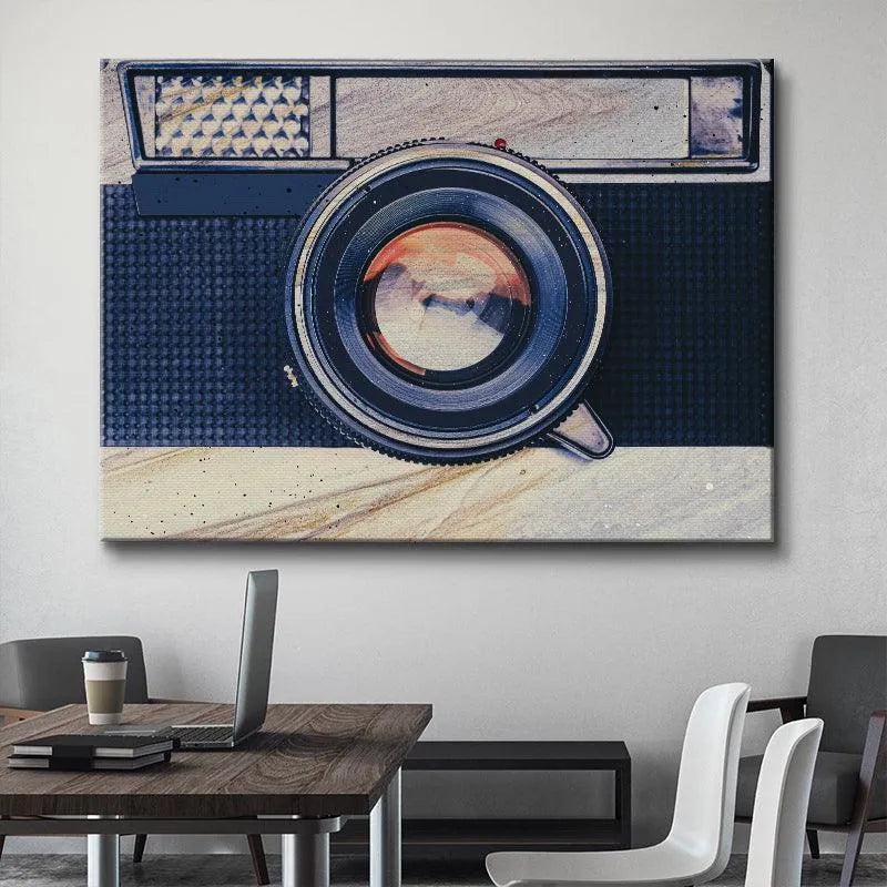 Artistic rendering of the Retro Camera featuring rich blue and warm beige tones.