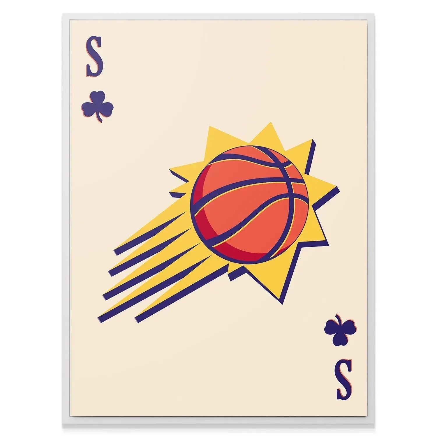 Angled shot showcasing the deep purple and golden yellow colors of the sunburst design in the Retro Logo Card - Suns.