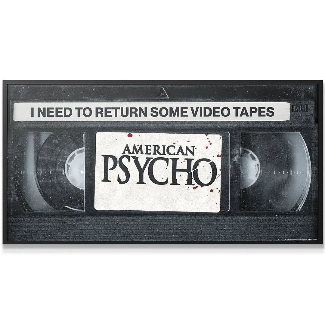 Wide shot of the faux vintage black VHS cassette art needing to Return Video Tapes.