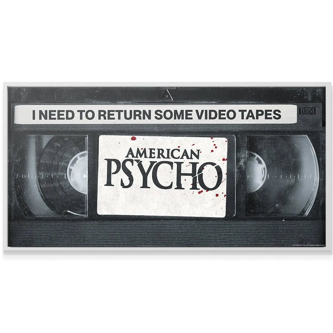 Detailed view of the blood spatter effect on the label, emphasizing the need to Return Video Tapes.
