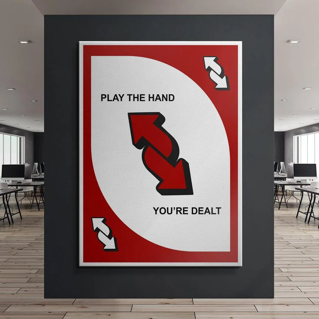 Lifestyle image featuring the bold Reverse print displayed above a modern desk setup.