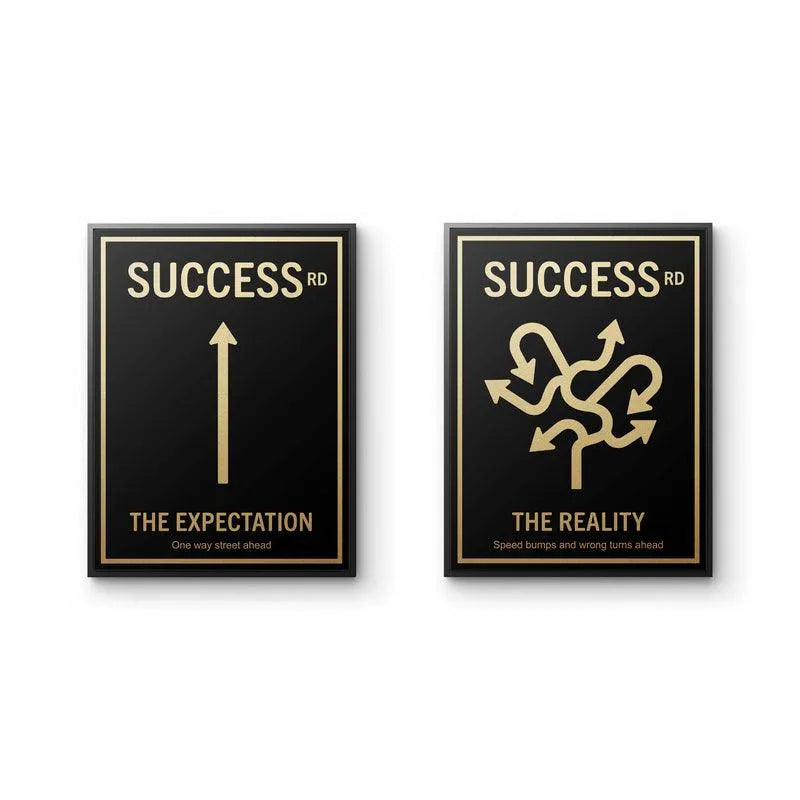 Close-up of 'The Expectation' print from the Road to Success Set showing the straight golden arrow detail