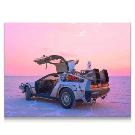 DeLorean time machine mid-shot on pink salt flat with open gull-wing doors. Roads?