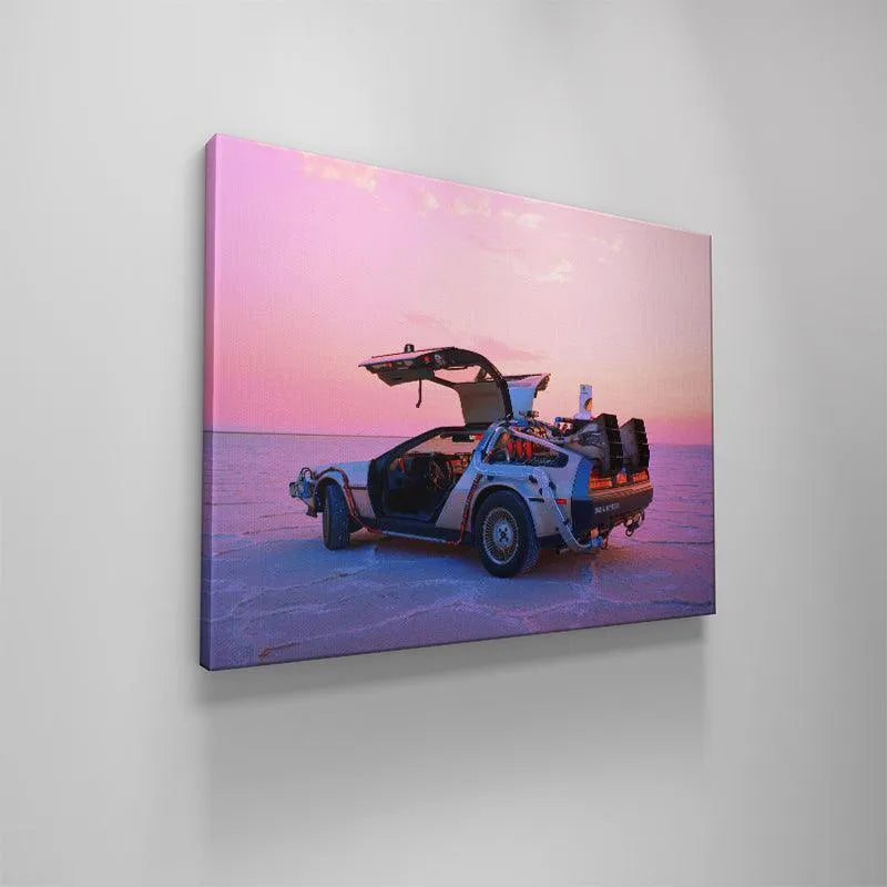 Artistic vaporwave print emphasizing the pastel ocean horizon behind the vehicle. Roads?