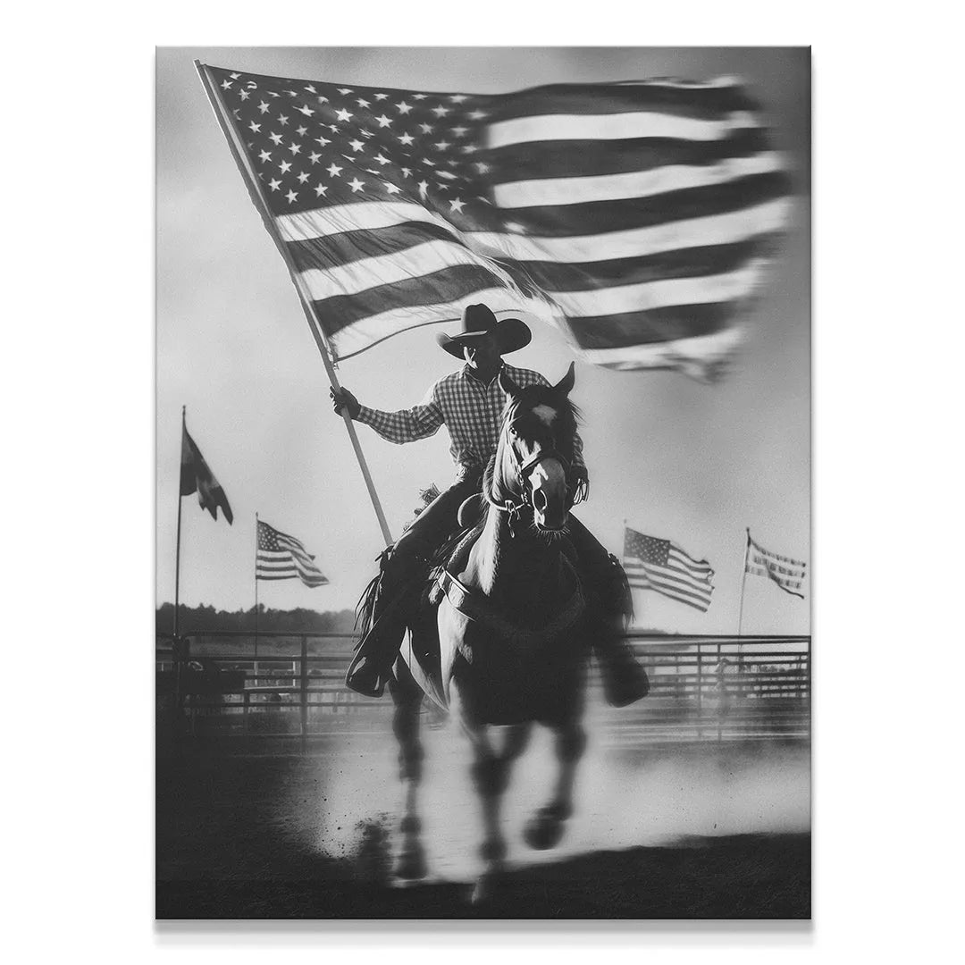High-contrast black and white Rodeo print showing cowboy on horseback holding US flag.
