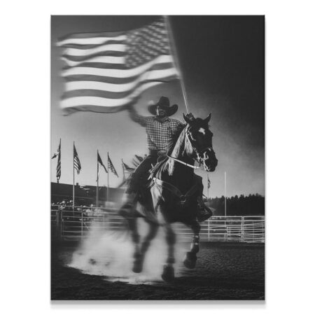High-contrast black and white canvas depicting 'Rodeo 2' action shot of a running horse.