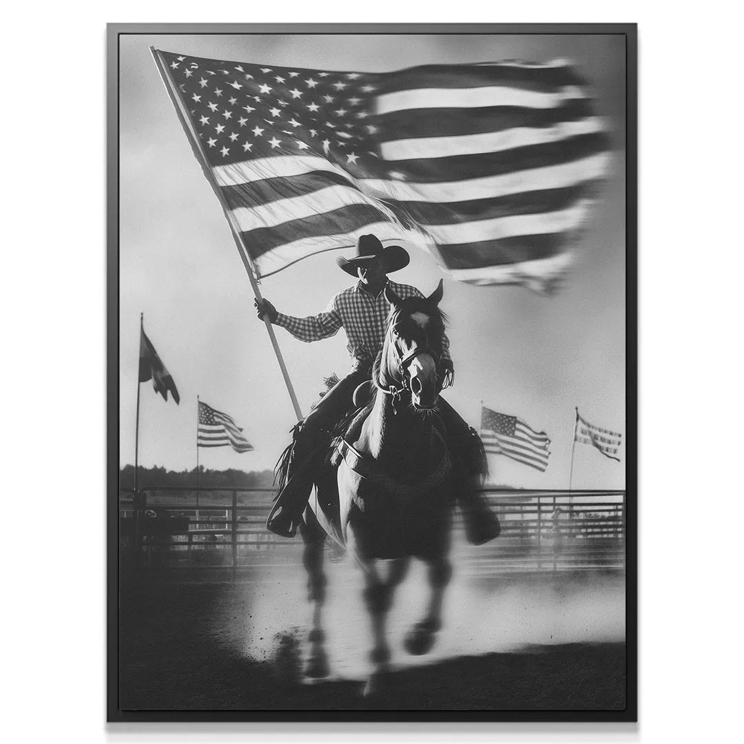 Dynamic wide shot of the patriotic Rodeo entry with dust rising from the galloping horse.