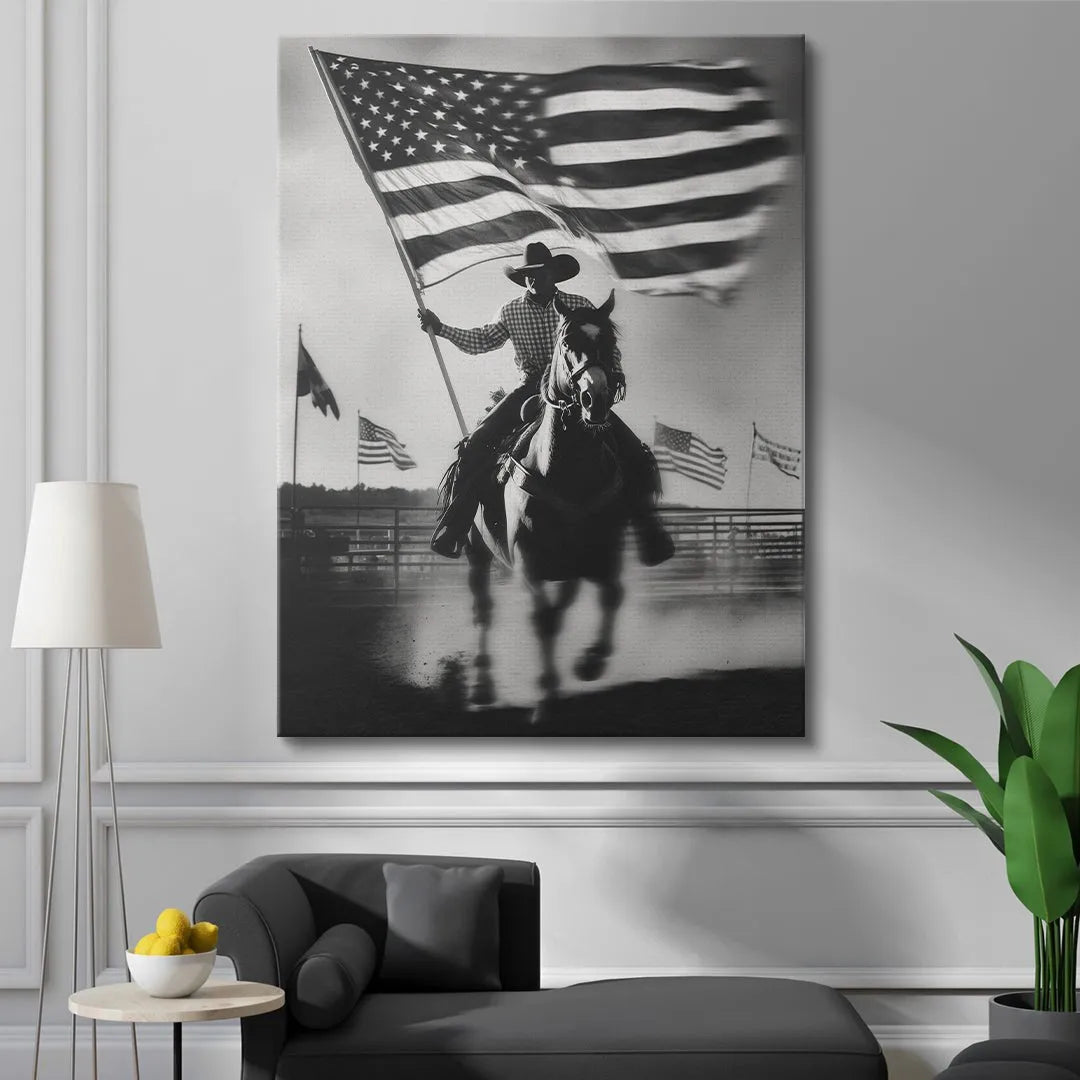 Black and white texture focusing on the movement blur of the American flag at the Rodeo.