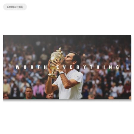 Close-up of Roger Federer kissing the golden trophy, titled Roger Federer - Worth Everything.