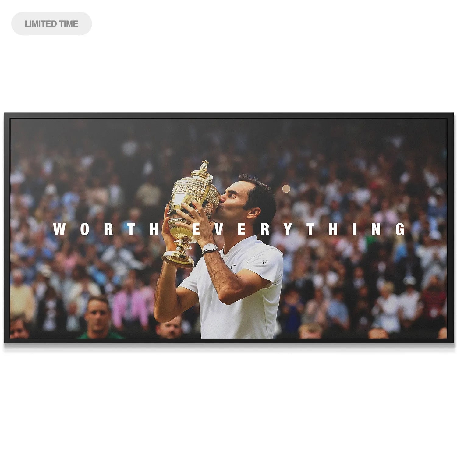 Wide shot showing the arena crowd blurred behind the victorious Roger Federer - Worth Everything poster print.
