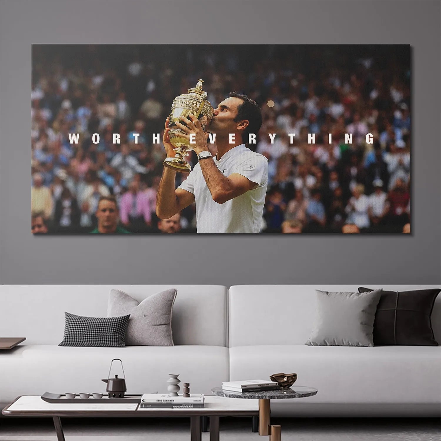 Lifestyle presentation showing the framed Roger Federer - Worth Everything artwork hanging prominently in a contemporary office setting.