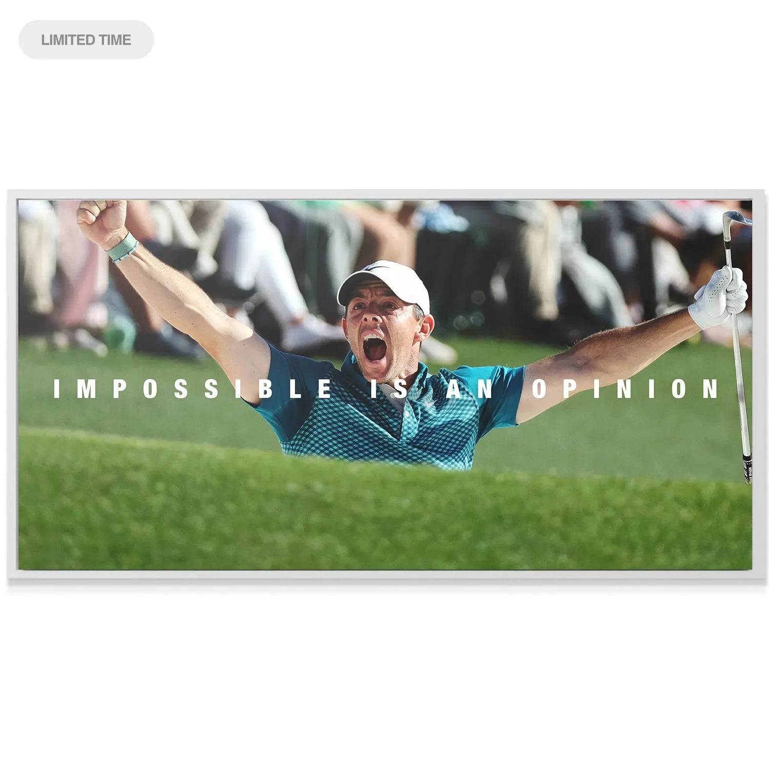 Detail capturing the white golf glove and club held high in the Rory - Impossible Is An Opinion 2 image.