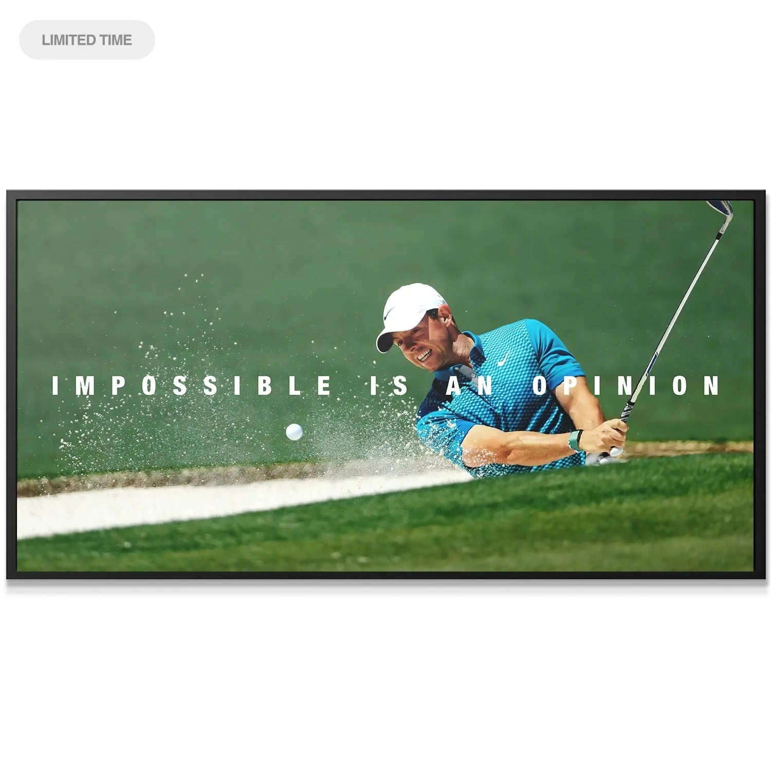 Wide-angle canvas print capturing the full swing arc and sand splash in high definition: Rory - Impossible Is An Opinion.