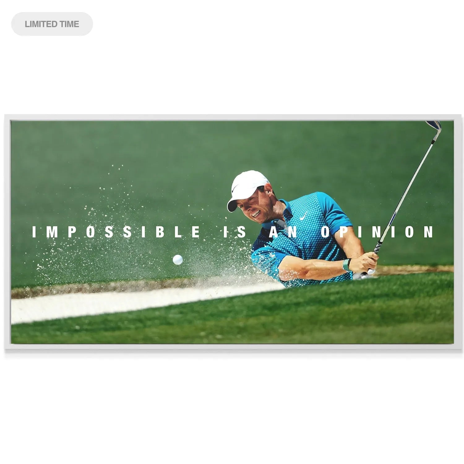Texture detail shot showing the finely sprayed sand and golf ball trajectory against the green background: Rory - Impossible Is An Opinion.