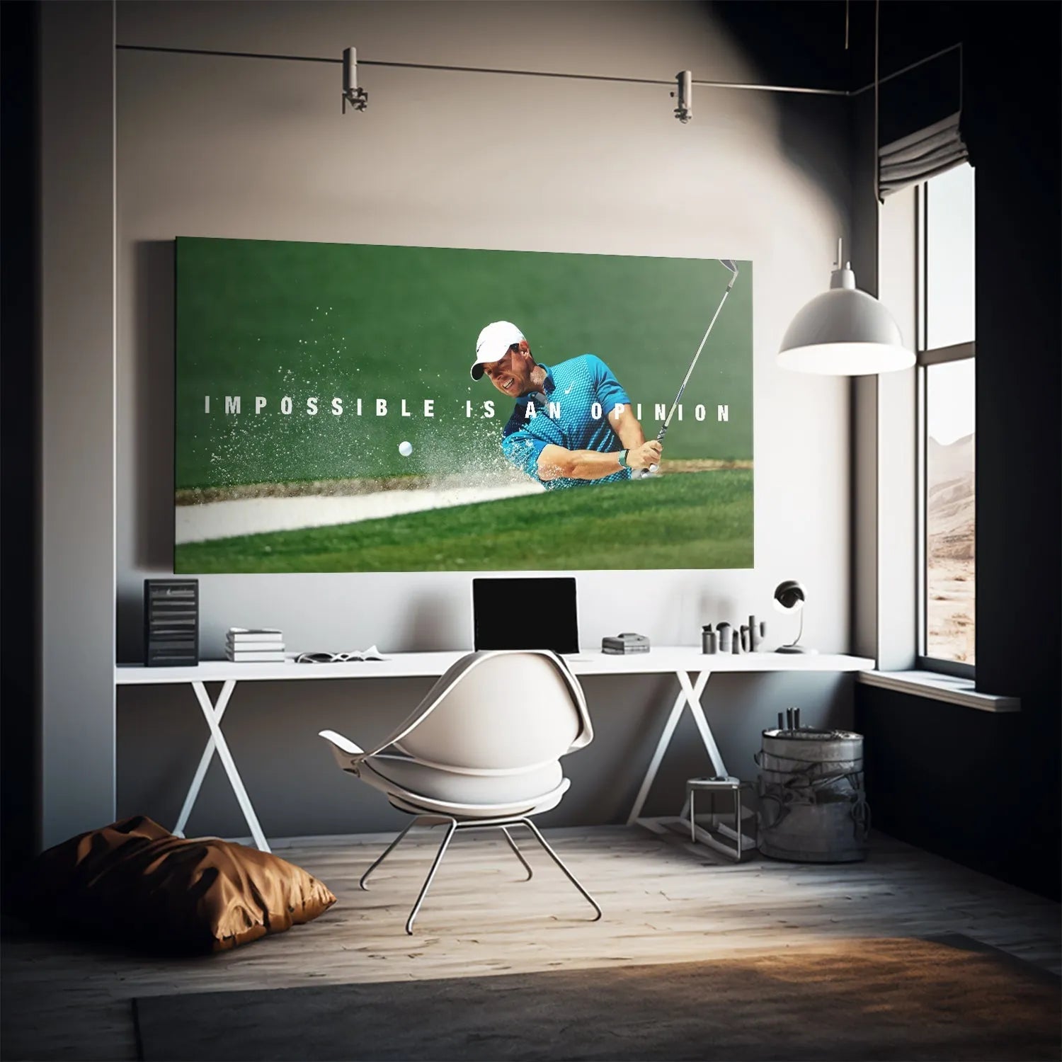 Mid-shot lifestyle view of the motivational phrase centered above the action of the golfer: Rory - Impossible Is An Opinion.
