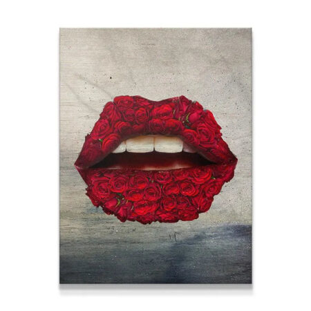 Close-up detail shot emphasizing the velvety texture and deep red color of the 'Rose Lips' floral composition.