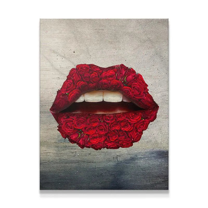 Close-up detail shot emphasizing the velvety texture and deep red color of the 'Rose Lips' floral composition.